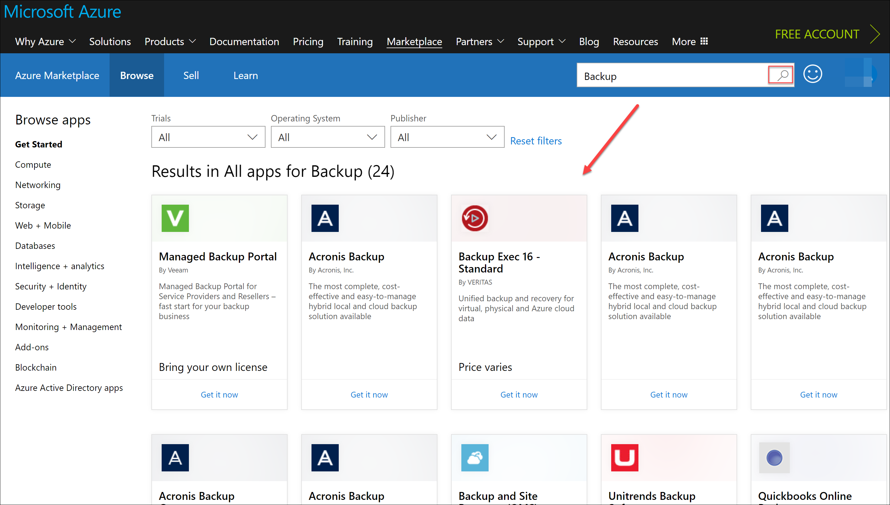 Screenshot of the Azure Marketplace in the Azure Portal. Backup Exec 16 - Standard is called out.