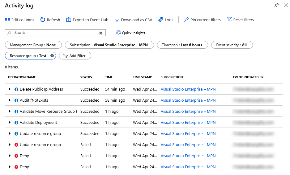 A screenshot of the Azure activity log