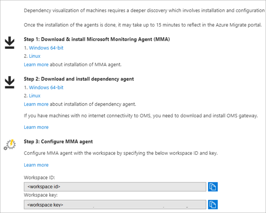 Azure portal screenshot showing links and instructions to install the Microsoft Monitoring Agent and Dependency Agent.