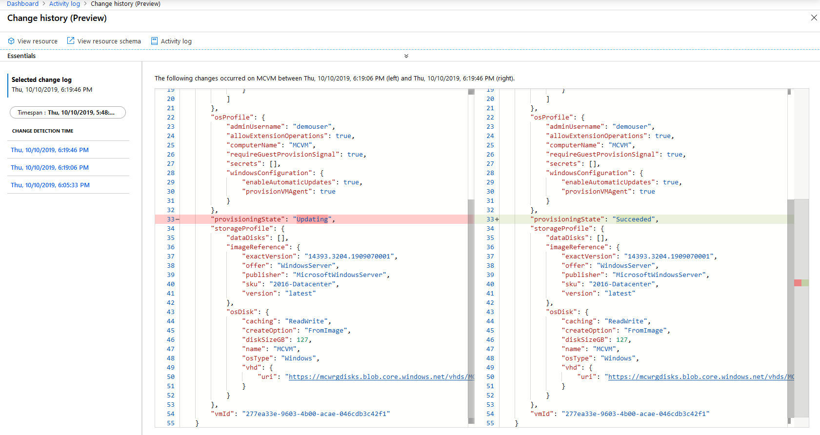 A screenshot of the visual diff showing the before and after state of a VM. The diff highlights that the vmSize has been changed.