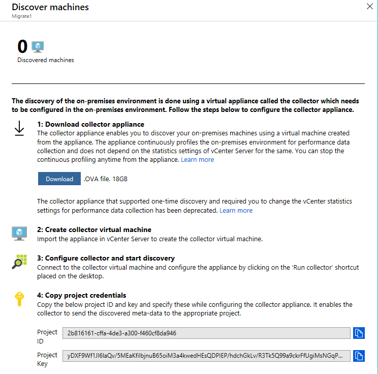 Azure portal screenshot showing the 'discover machines' blade of the Azure Migrate service.