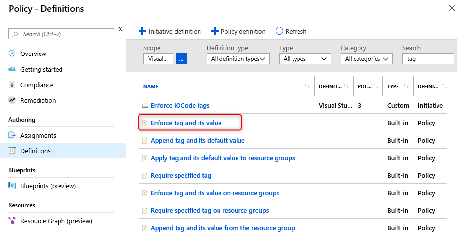 In the Add assignment blade, under Policy, Enforce tag and its value is selected and circled.