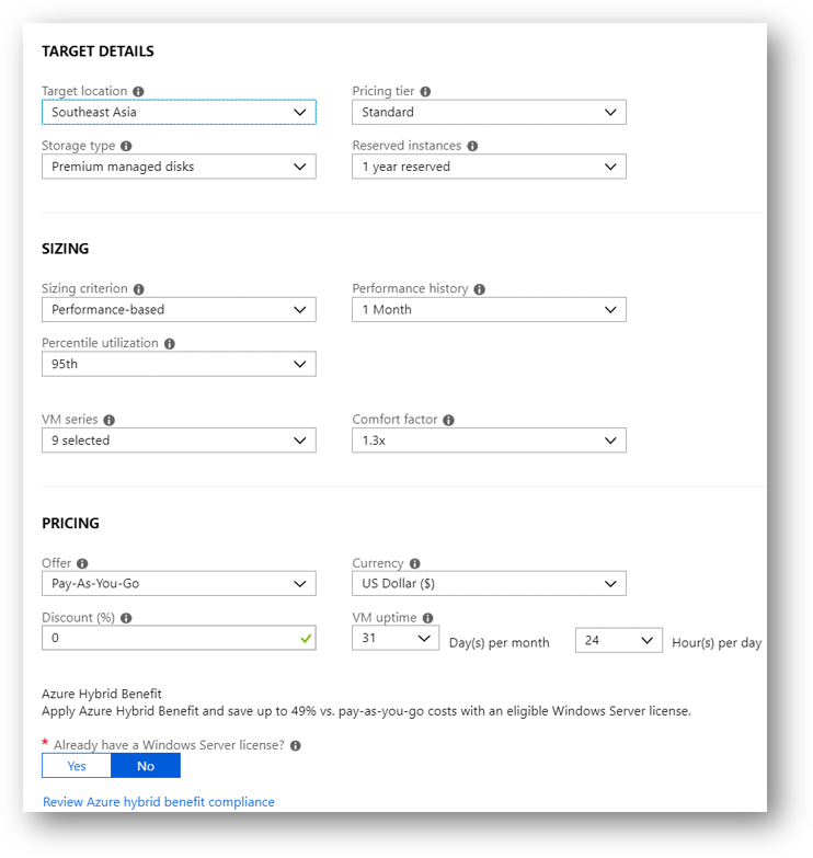 Azure portal screenshot of the Azure Migrate assessment configuration options.