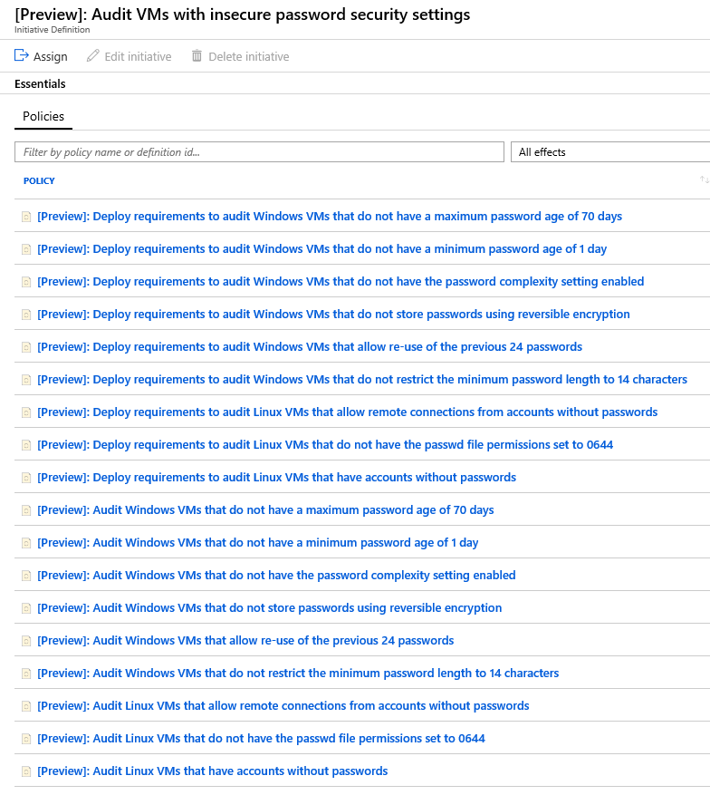 Screenshot showing the policy definitions in the '[Preview]: Audit VMs with insecure password security settings' policy initiative