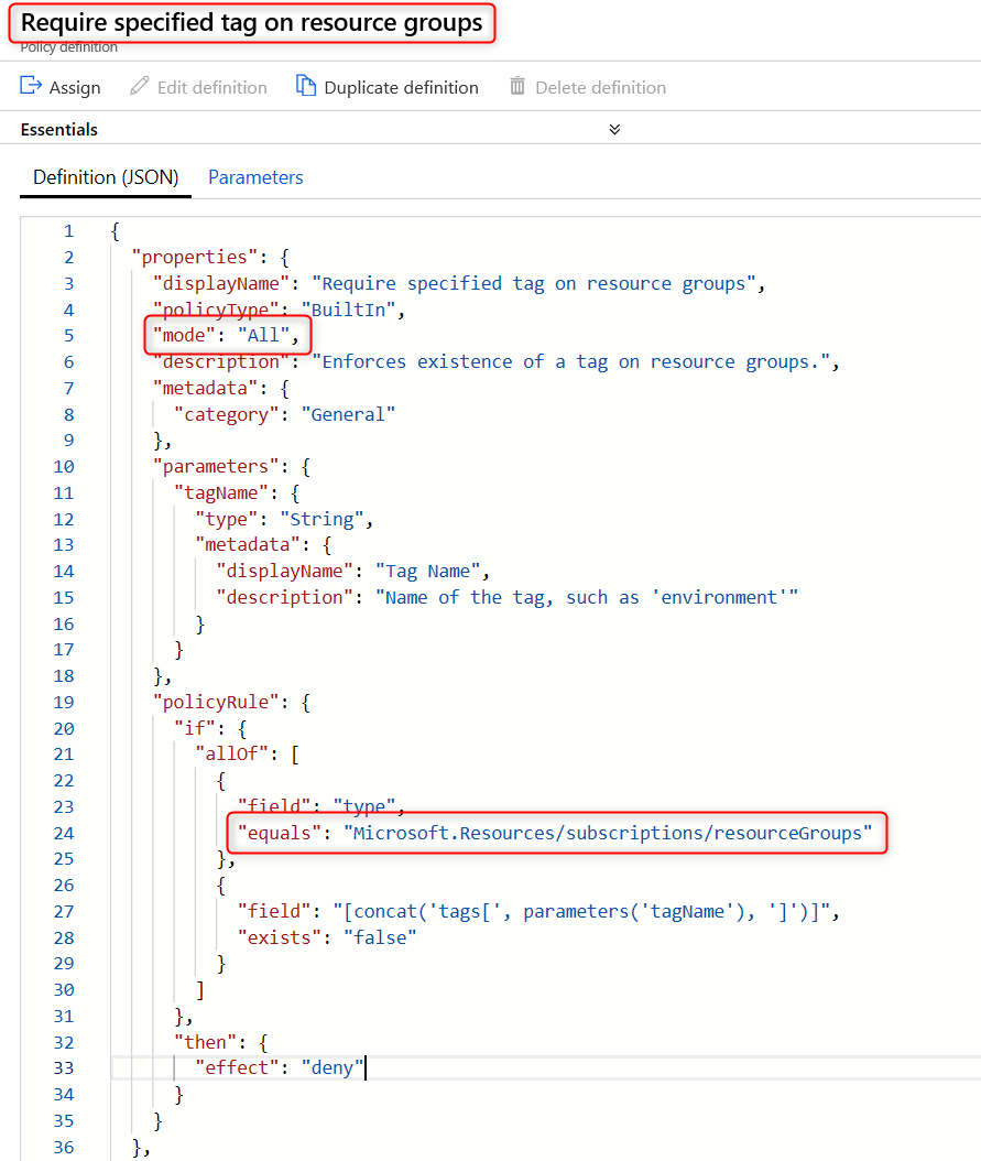 Screenshot from the Azure portal showing the policy definition for the 'Require specified tag on resource groups' built-in policy