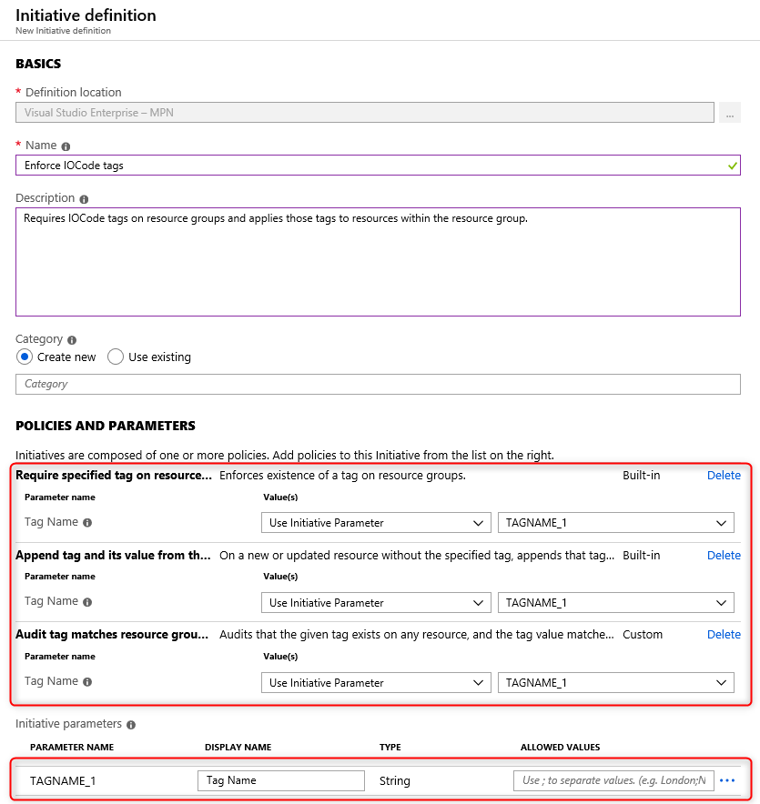 Screenshot showing the initiative definition containing 3 policy definitions, 'Require specified tag on resource groups', Append tag and its value from the resource groups' and 'Audit tag matches resource group'