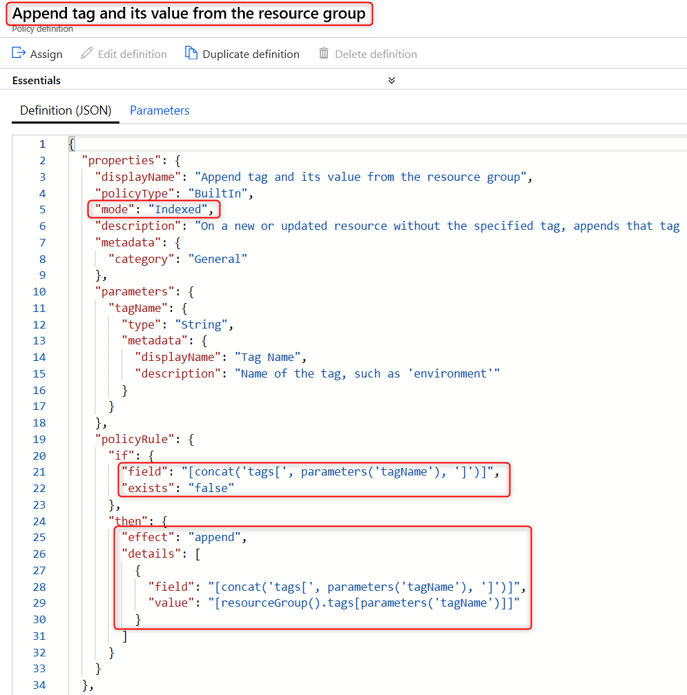 Screenshot from the Azure portal showing the policy definition for the 'Append tag and its value from the resource group' built-in policy